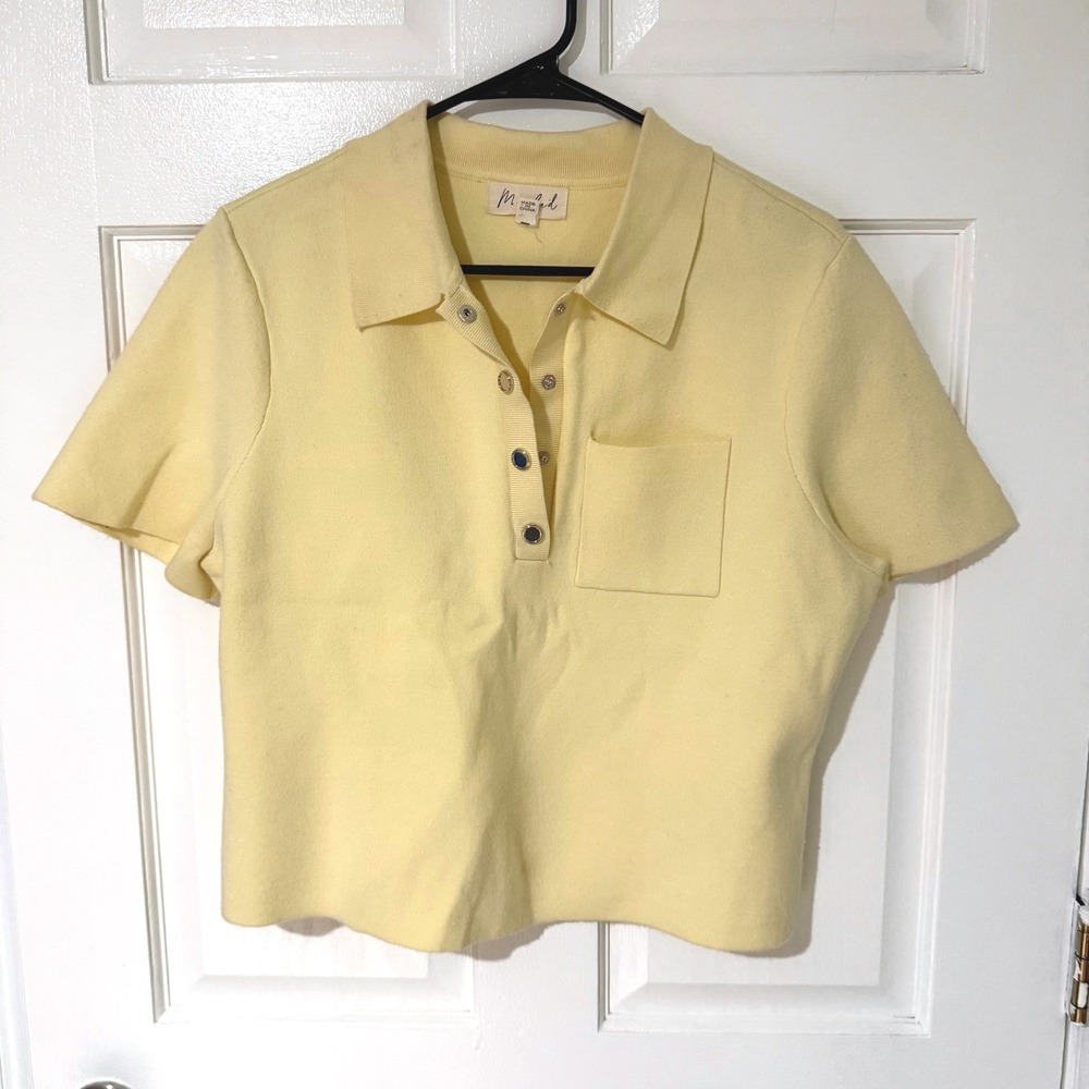 Marled Women XL Pastel Yellow Knit Polo Short Sleeve Snap Button Crop Top